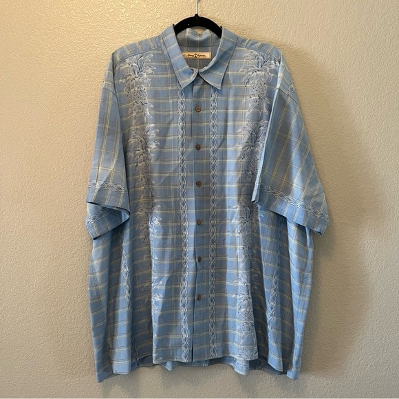 Tommy Bahama Men's Blue Floral Camp Shirt Silk Button Down Tropical Plaid Sz 2XL - Picture 1 of 8